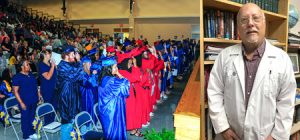 Graduates in stands and speaker Dr. Robert Ian Bruck