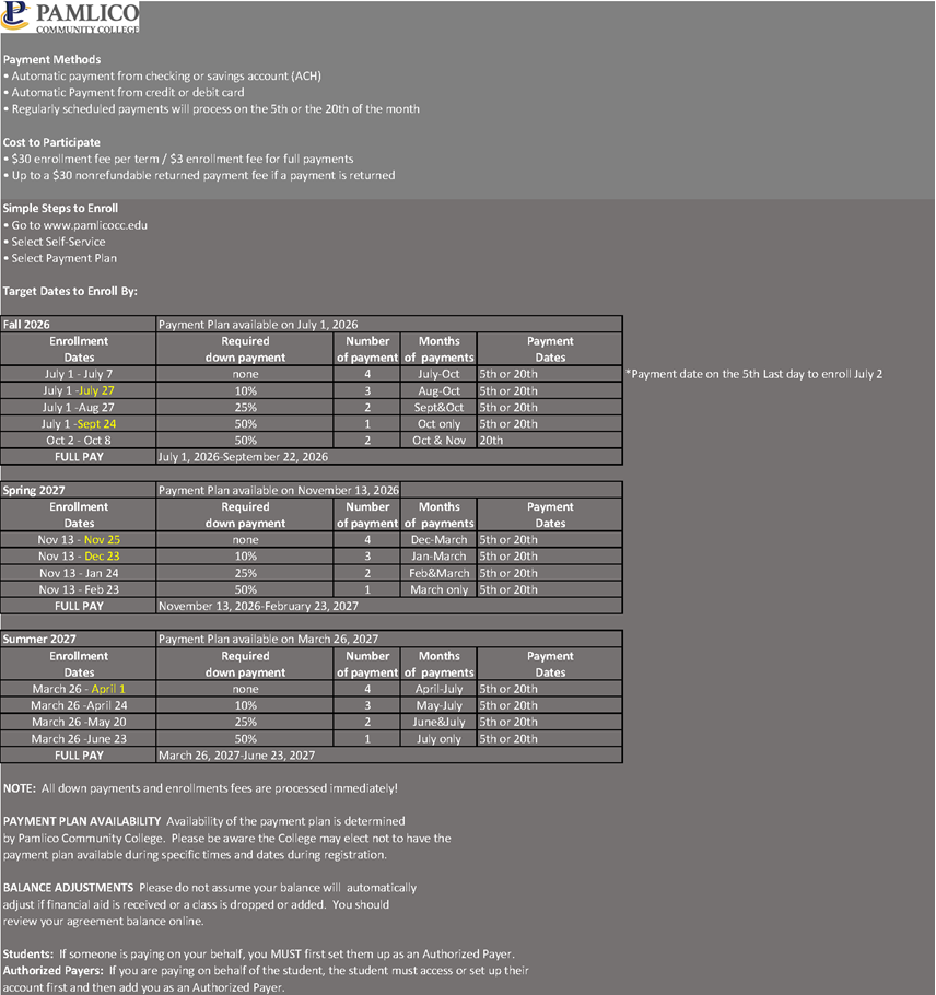 Tuition payment plan schedule for the 2026-2027 academic year.